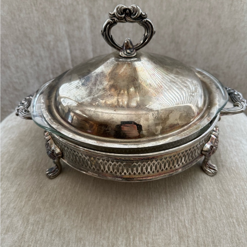VTG ornate Silverplate casserole buffet server footed w/pyrex glass dish